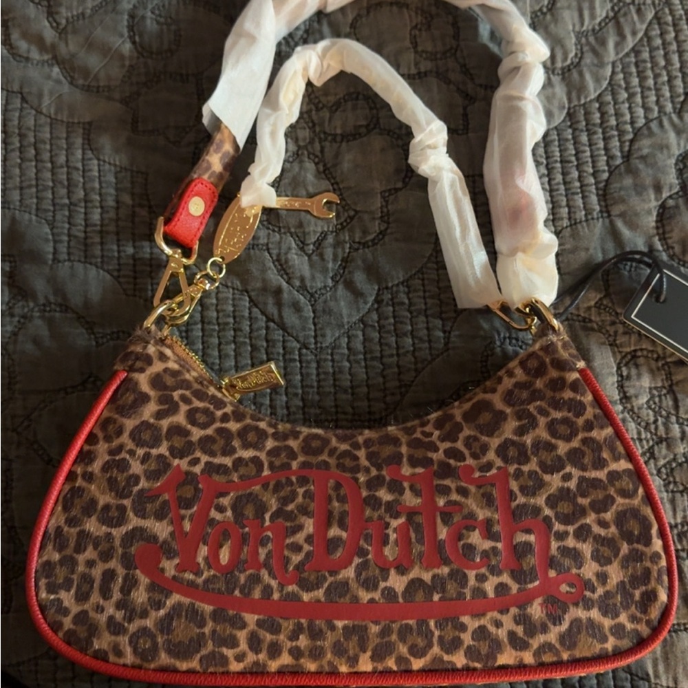 Von Dutch Leopard Print Shoulder Bag with Red Trim